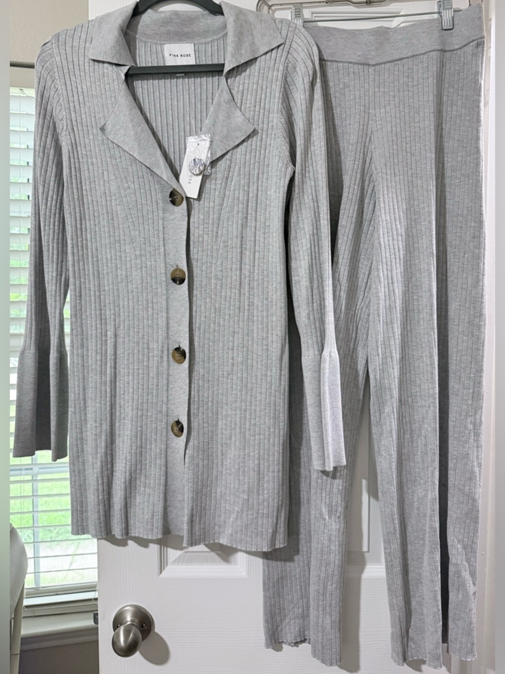 Pink Rose Ribbed Button-Front Lounge Set